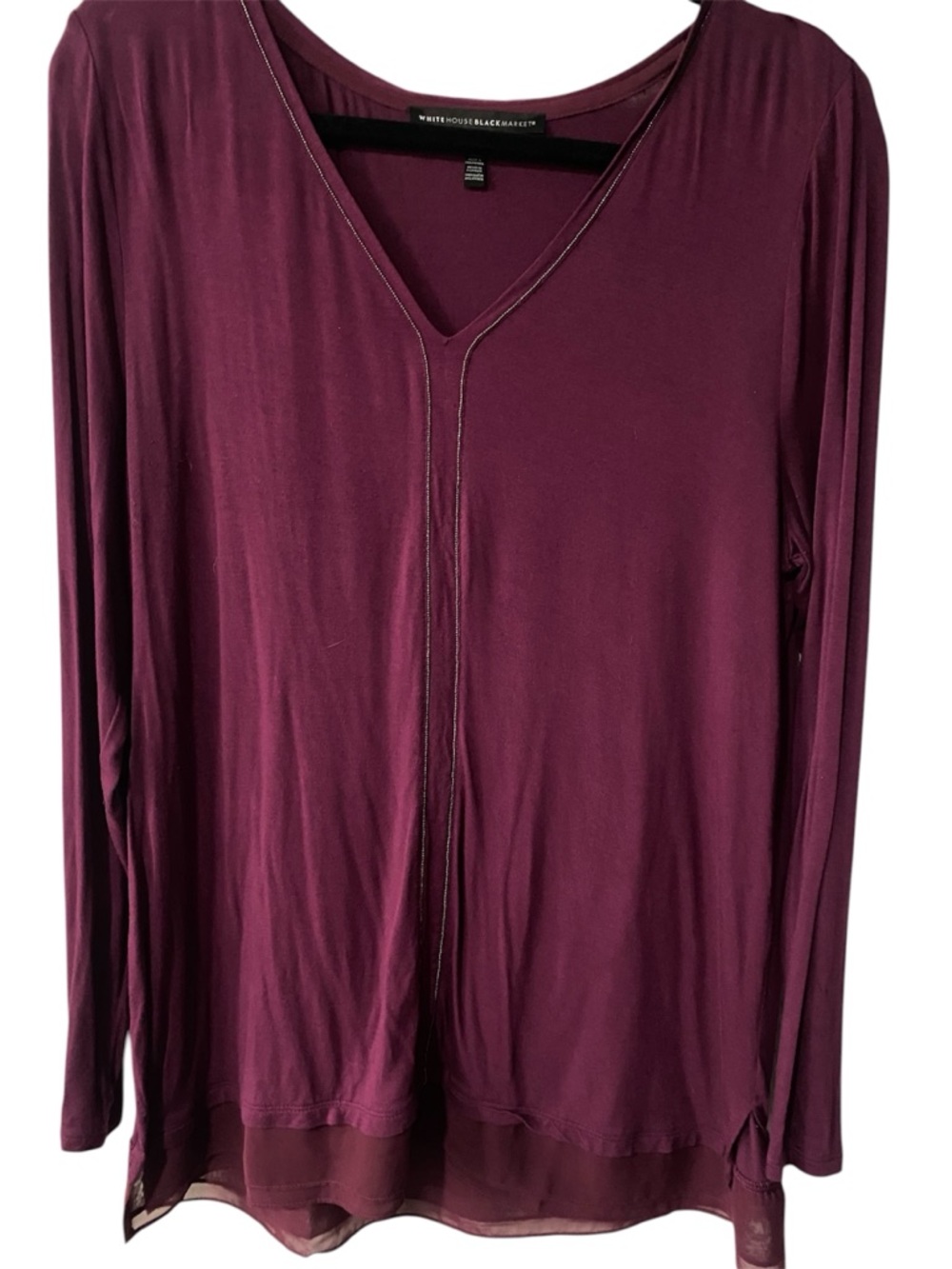 White House Black Market Berry V-Neck Top with Contrast Stitching